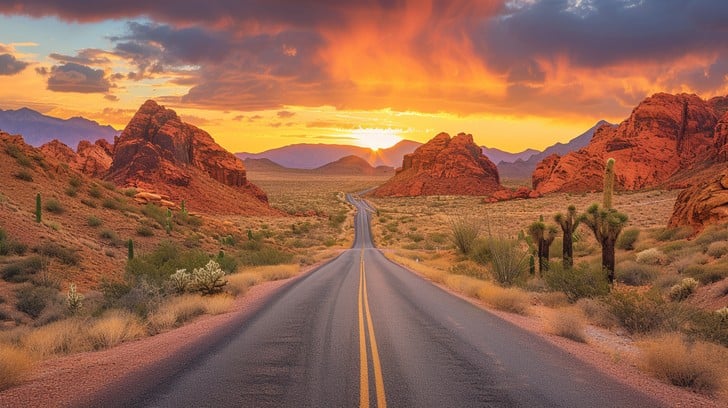 Desert road sunset