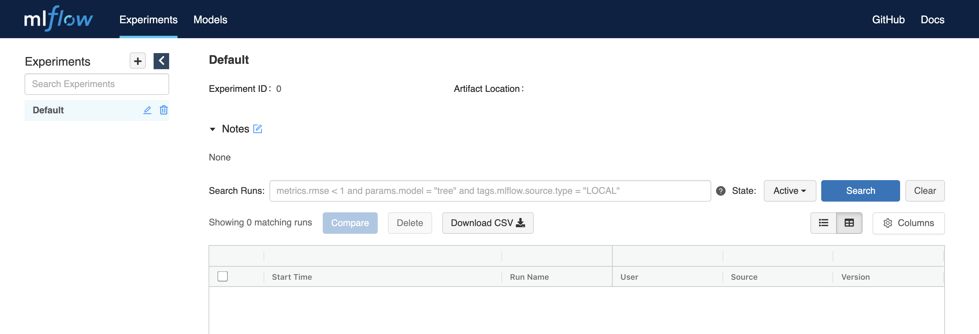 Empty MLFlow page.