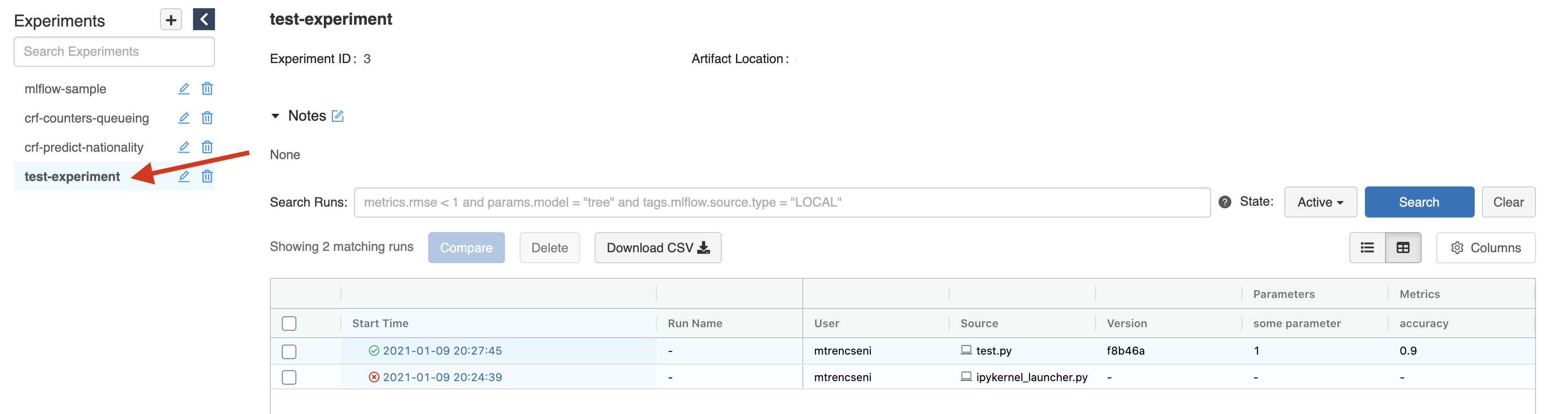 MLFlow experiment.